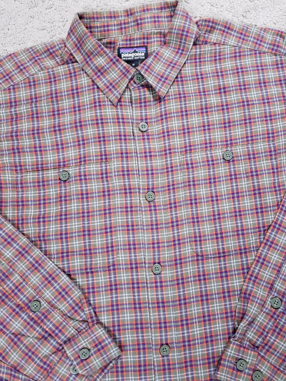 Patagonia Shirt Men M Green Purple Plaid Pima Cotton Long Sleeve Outdoor Hiking